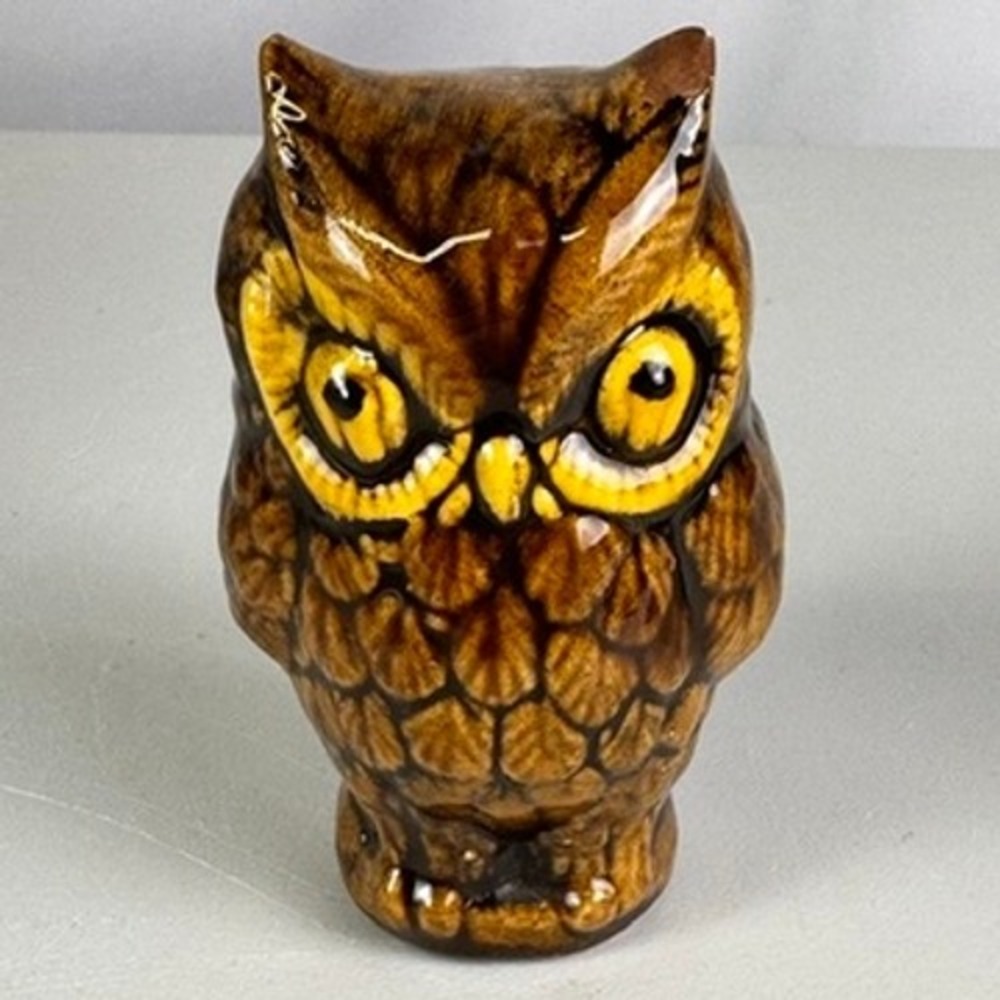 Vintage Brown Drip Glaze Ceramic Owl Figurine Yellow Eyes Mid Century Decor 3.5"